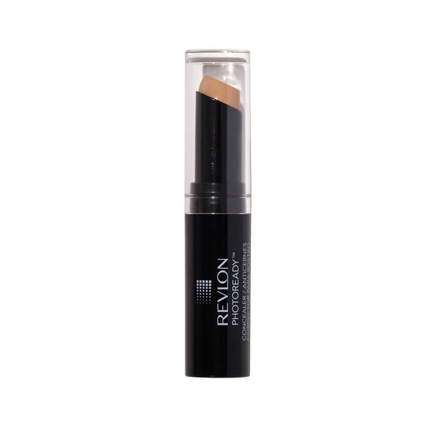Revlon PhotoReady Stick Concealer Makeup, Medium Coverage, 3.2mL, a black cylindrical concealer stick with a clear cap and angled beige tip for easy, precise application, using High Definition Filter technology to blur and cover dark circles, blemishes, and redness with buildable medium to full coverage.