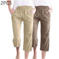 thumbnail image 2 of Timegard 2pc Capri Pants for Women Cotton Linen Elastic Waist Loose Lounge Crop Pants Pockets Solid Color, 2 of 7