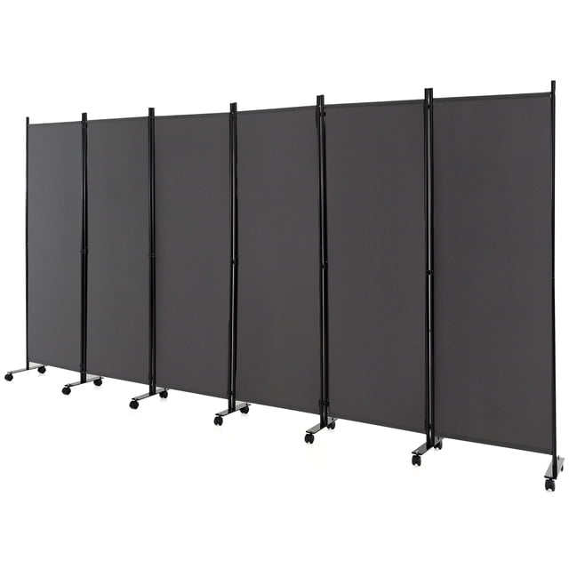 Costway 6-Panel Folding Room Divider 6FT Rolling Privacy Screen with Lockable Wheels in grey. This freestanding room divider features six polyester fabric panels supported by a sturdy metal frame with 14 lockable caster wheels for easy mobility. Each panel measures 22 inches wide and 68 inches tall, with a total unfolded dimension of 132 inches by 68 inches. The screen is foldable for compact storage and can be arranged in various shapes, such as L-shaped or W-shaped, using its 360° rotating buckles. Ideal for creating privacy in living rooms, offices, or hospitals, it also serves as a partition or sunblock. The modern design complements diverse interior styles.