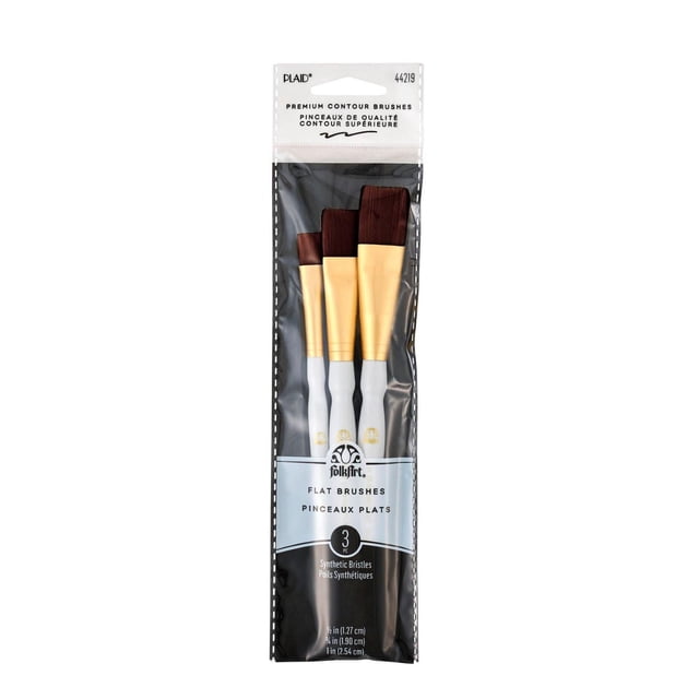 FolkArt 3 Piece Flat Paint Brush Set includes three flat synthetic bristle brushes sized ½, ¾, and 1 inch with white handles and gold ferrules, suitable for acrylic paint and general art supplies, in clear packaging with brand and size details.