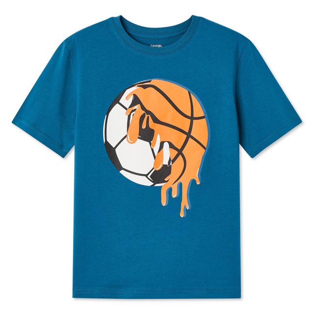 George Boys' Graphic Tee in blue featuring a front graphic print of a melting orange basketball over a black and white soccer ball, made from soft 100% cotton jersey knit with a crew neckline, short sleeves, and straight hem, suitable for casual boys' wear and comfortable play.