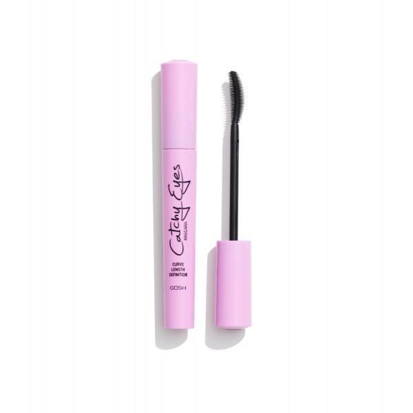GOSH - Catchy Eyes Mascara Allergy Certified in a pastel pink tube with black text, featuring a banana-shaped rubber brush for curling, lengthening, and defining eyelashes without clumping or flaking, shown with the cap removed on a white background.