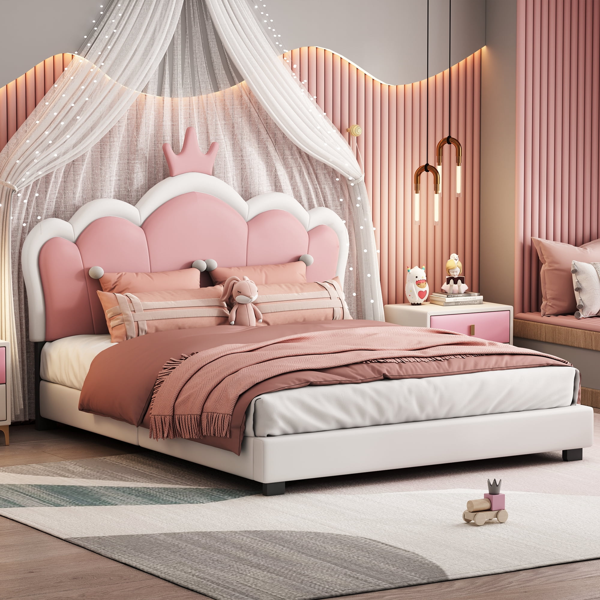 Homy Casa Full Size Princess Bed, Cream Pink, Crown Headboard, PU & Wood Frame, 500 lbs Capacity, Kids Bedroom Furniture, Easy Assembly