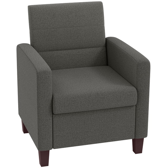 HOMCOM Fauteuil d'Appoint Moderne en Tissu Gris Foncé, Conçu pour les Sièges de Salon Ou comme Fauteuil d'Appoint. Rembourré en Tissu Respirant Effet Lin, Il Comprend des Coussins en Mousse de Densité Moyenne et un Coussin de Siège Amovible à Fermeture Éclair pour un Nettoyage Facile. Des Patins Antidérapants Protégent les Planchers, Tandis Que le Cadre en Contreplaqué et le Bloc à Ressorts Offrent Durabilité et Soutien. Dimensions : 28 Pouces de Large, 30,7 Pouces de Profondeur et 34,3 Pouces de Hauteur.