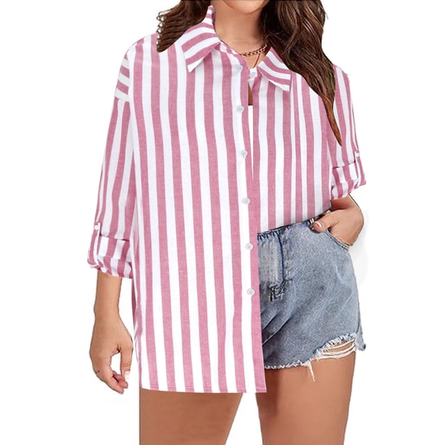TIMIFIS Chemises à Manches Longues pour Femmes Grande Taille Chemise à Rayures Boutonnée Automne Décontractée Col Rabattu avec Manches Ajustables Hauts