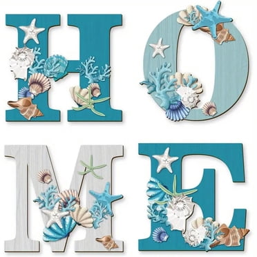 Décor Mural Salon Panneau Maison en Bois Côtier Étoiles de Mer Bleues Thème Plage Panneau pour la Maison Lettres Décoration Murale Suspendue Panneaux d'Art pour Salon Cuisine Chambre Décor