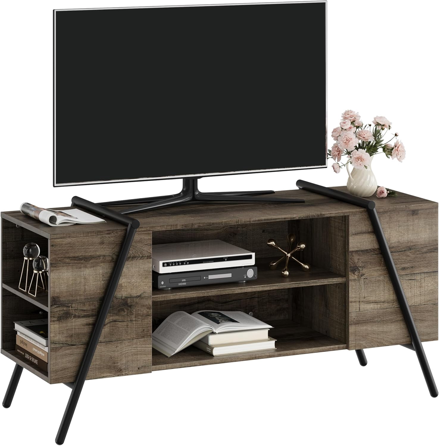 QinaQin 47-Inch TV Stand Entertainment Center Farmhouse Vintage Television Stand with 6 Open Storage Cabinets Adjustable Shelf and Cord Holes Industrial TV Stand for Living Room (Retro Grey)