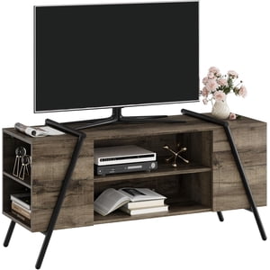 QinaQin 47-Inch TV Stand Entertainment Center Farmhouse Vintage Television Stand with 6 Open Storage Cabinets Adjustable Shelf and Cord Holes Industrial TV Stand for Living Room (Retro Grey)