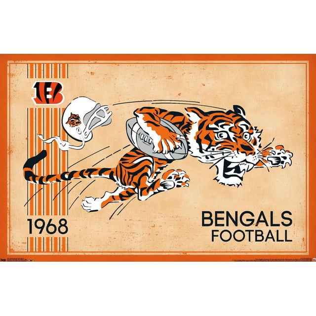 NFL Cincinnati Bengals - Affiche Murale Logo Rétro 14, 22,375 Pouces x 34 Pouces Mettant en Vedette une illustration de Style Vintage d'Un Tigre du Bengale Bondissant avec des Rayures orange et Noires Tenant un Ballon de football, un Casque Blanc avec un Logo Visage de Tigre s'Envolant derrière, sur un Fond Texturé beige avec Bordure orange, Rayures Verticales orange et Noires, l'Année 1968, et Texte « Bengals football » en Noir, Convient pour Décorer des Salles de Sport