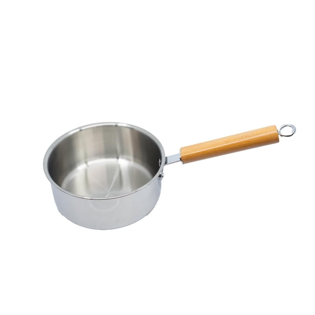 Verka Stainless Steel 18cm Saucepan without lid shown at a 3/4 angle, constructed with 3-ply stainless steel for even heat distribution, featuring a polished finish and a long wooden handle with a metal hanging loop, compatible with all cooktops including induction, ideal for simmering, boiling, and reheating.