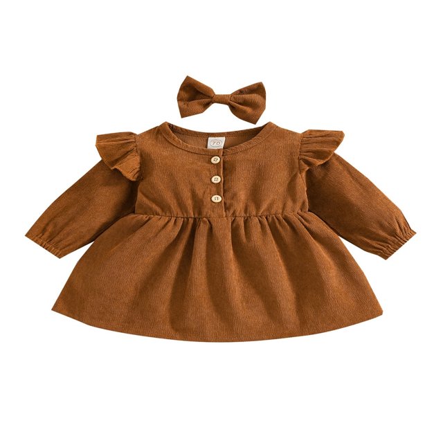 MesaSe Automne Bébé Filles Princesse Robe 2pcs Volant à Manches Longues Bouton Velours Côtelé une Ligne Robe Bandeau Vin Rouge 2-3 Ans