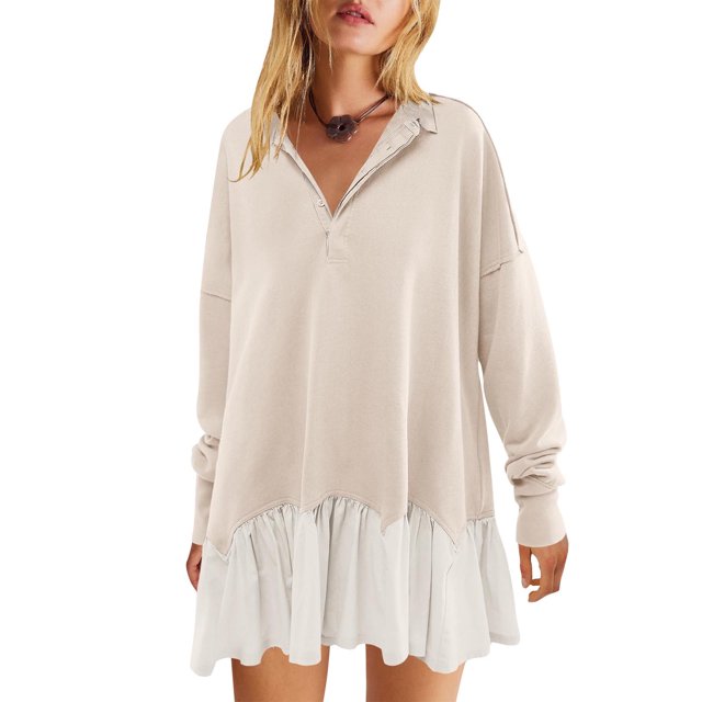 DPTALR Robe Chandail en Molleton à Col Boutonné à Manches Longues pour Femmes