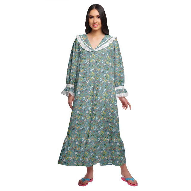 Moomaya Robe de Nuit Maxi pour Femmes en Coton à Col en V Imprimé avec Bordure Volantée
