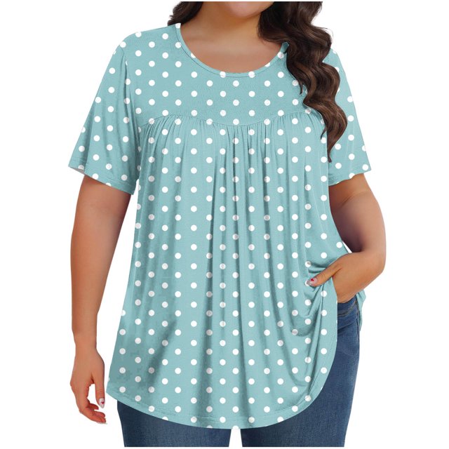 Plebaso Hauts pour Femmes Grande Taille Manches Courtes Blouses Plissées Décontractées Col Rond Été Tuniques Amples