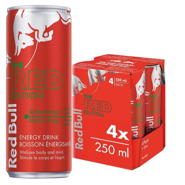 Red Bull Energy Drink, Watermelon, 250ml (4 pack) with four slim recyclable aluminum cans in a red box featuring green and white text, highlighting the Red Edition watermelon flavor, caffeine, and taurine for body and mind vitality, often used by athletes and busy professionals.
