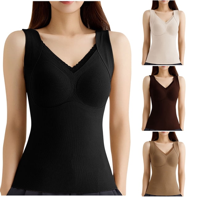 Yuyuzo Womens Tank Tops with Built in Bra Pajamas Vests V Neck Sleeveless Undershirts Soft Comfy Base Layer Top