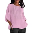 thumbnail image 3 of QATAINLAV Vente de la Rentrée, Chemises en Lin pour Femmes Grande Taille Manches 3/4 T-Shirt Décontracté Ample Mignon Col Ras du Cou Blouse Plissée T-Shirts 2025 Tenues de Vacances Printemps Été Rose m, 3 of 6