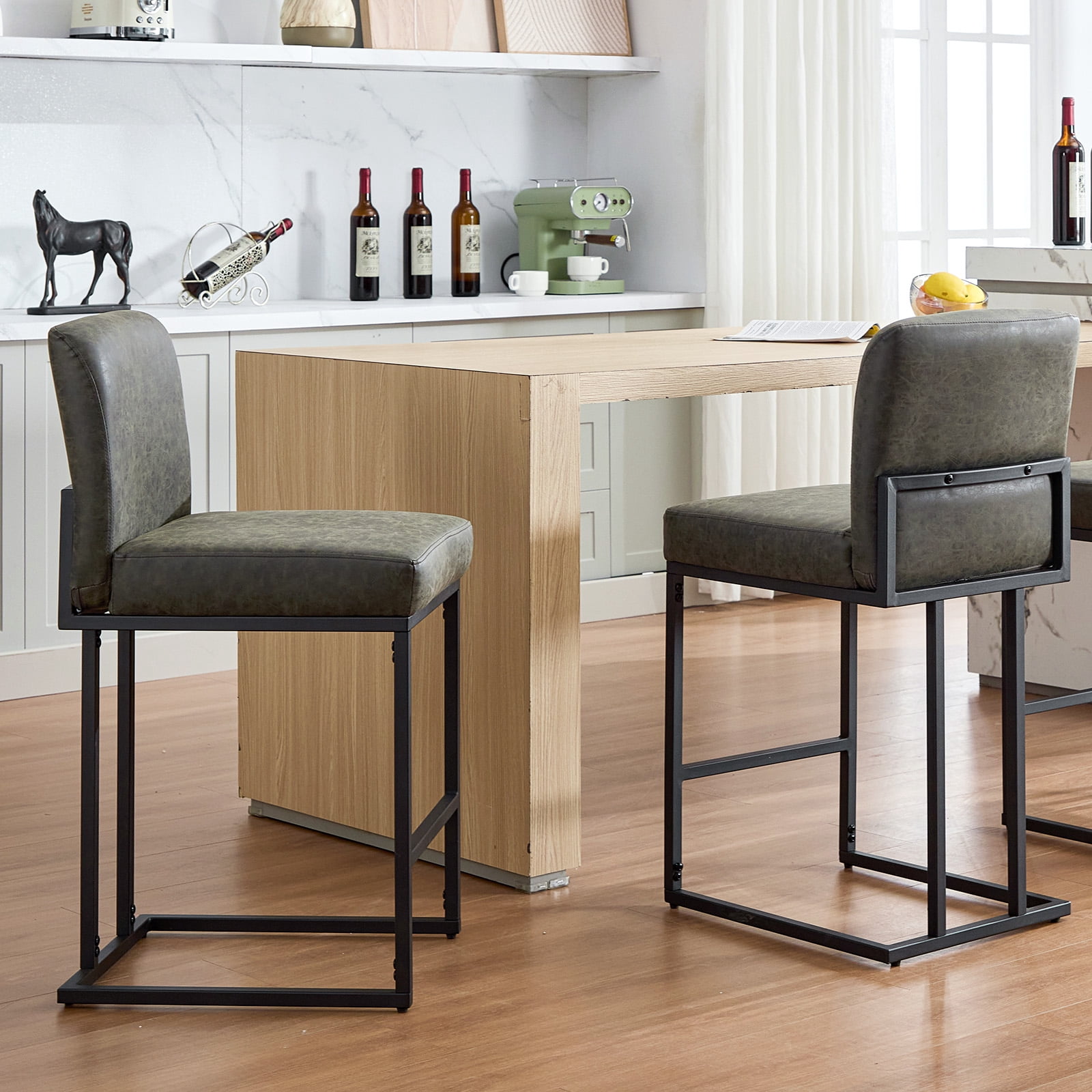 24 in Bar Stools Set of 2, Counter Height Bar Stools with Back, Modern PU Leather Barstools for Kitchen Island, Upholstered Bar Chair with Black Metal Frame Footrest, Grey