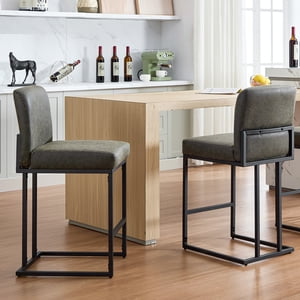 24 in Bar Stools Set of 2, Counter Height Bar Stools with Back, Modern PU Leather Barstools for Kitchen Island, Upholstered Bar Chair with Black Metal Frame Footrest, Grey