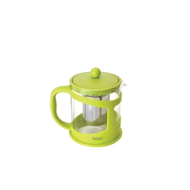 BergHOFF Studio Tea Maker with lime green plastic handle, lid, and base, clear borosilicate glass body, and stainless steel infuser for loose leaf tea brewing, featuring even heat distribution and a stay-cool handle, suitable for precise tea extraction.