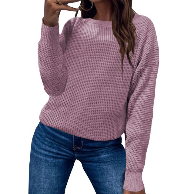 LUXUR Chandails Tricotés Unis pour Femmes Col Rond Ample Pull Chaud d'Hiver Tricot Gaufré Rose TTG