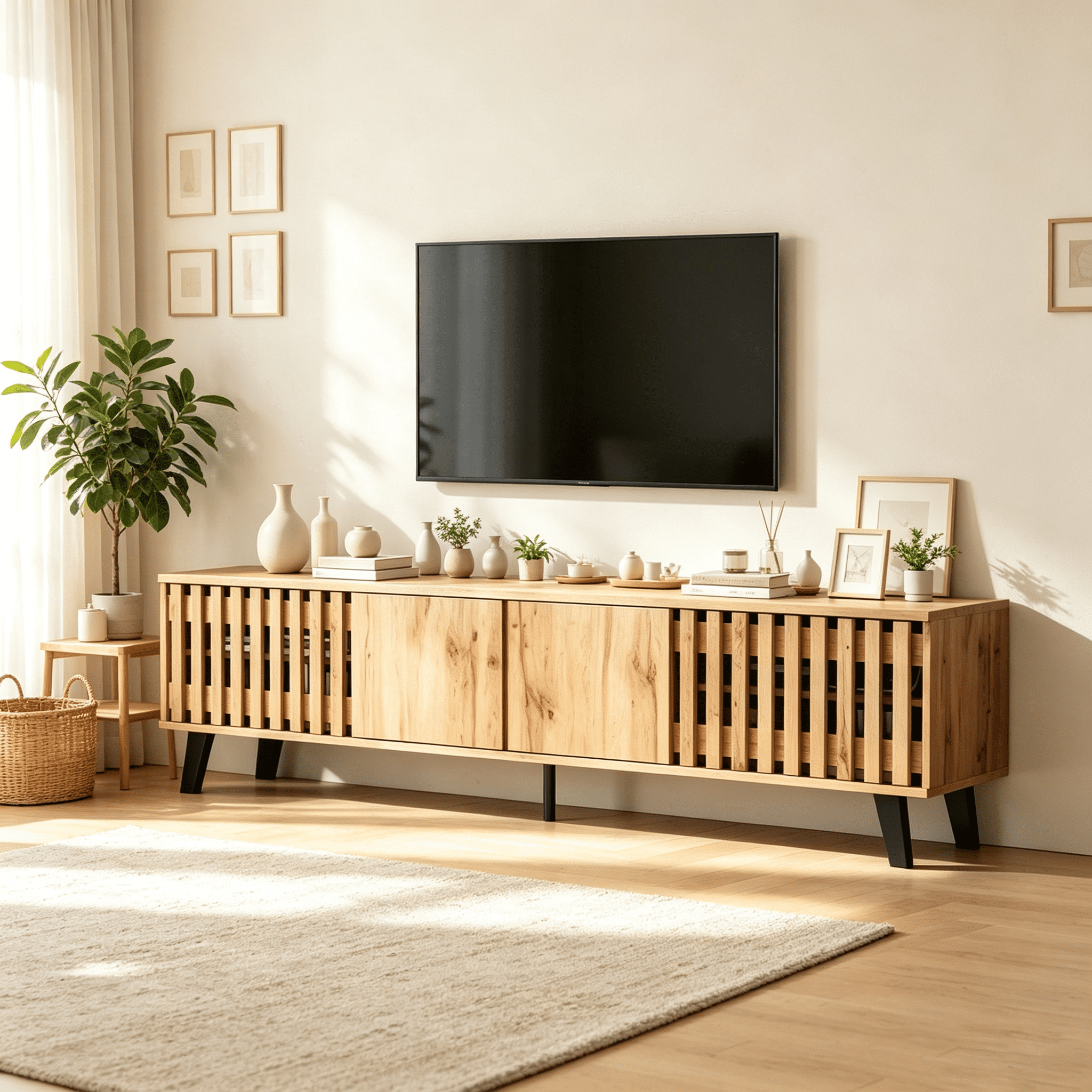 Homy Casa 65" Fluted Mid-Century TV Stand with 4 Doors and 8 Shelves for 32–65" TVs, Natural Wood