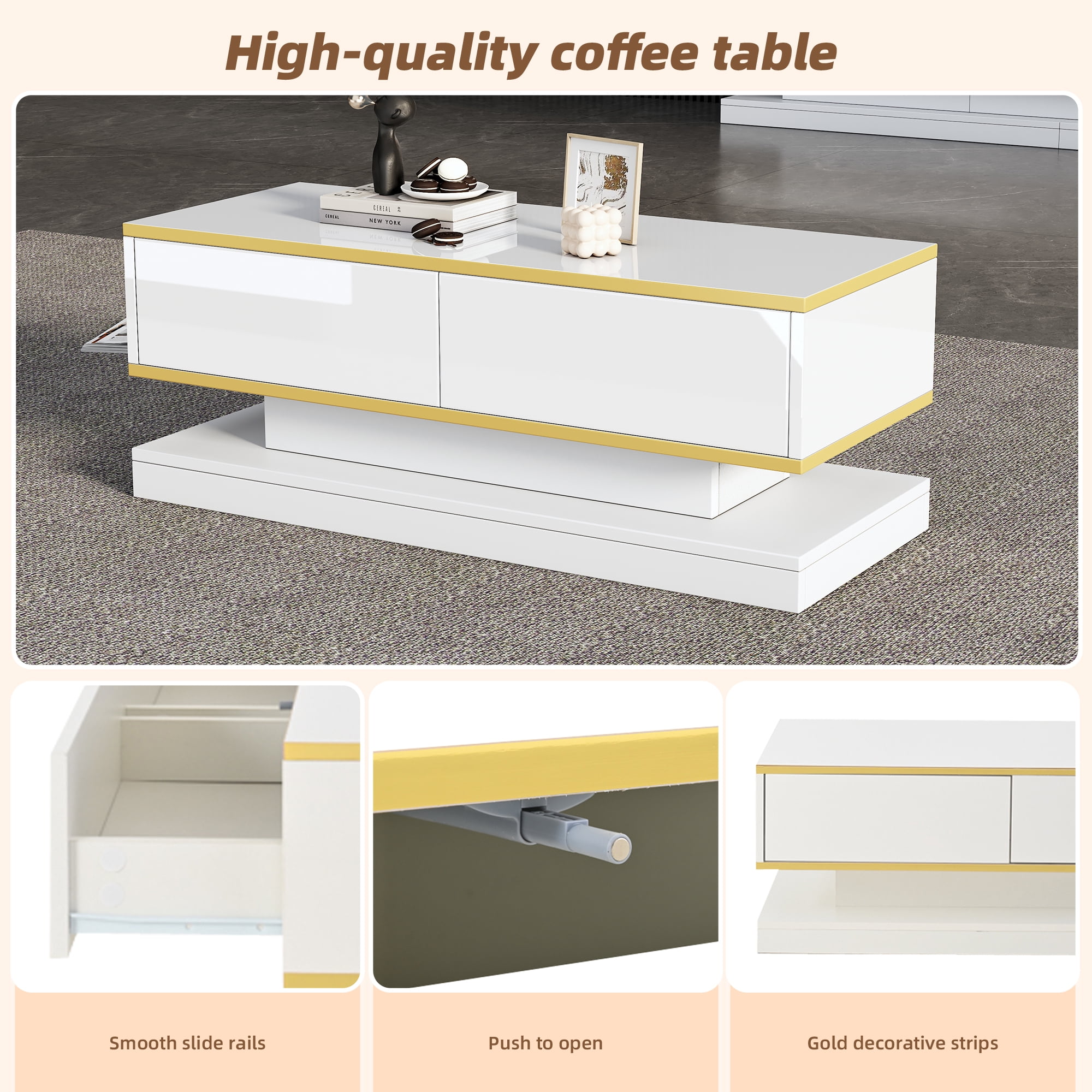 Table basse Noble House 100 cm, fini lustré, bordure dorée, 2 tiroirs, blanche