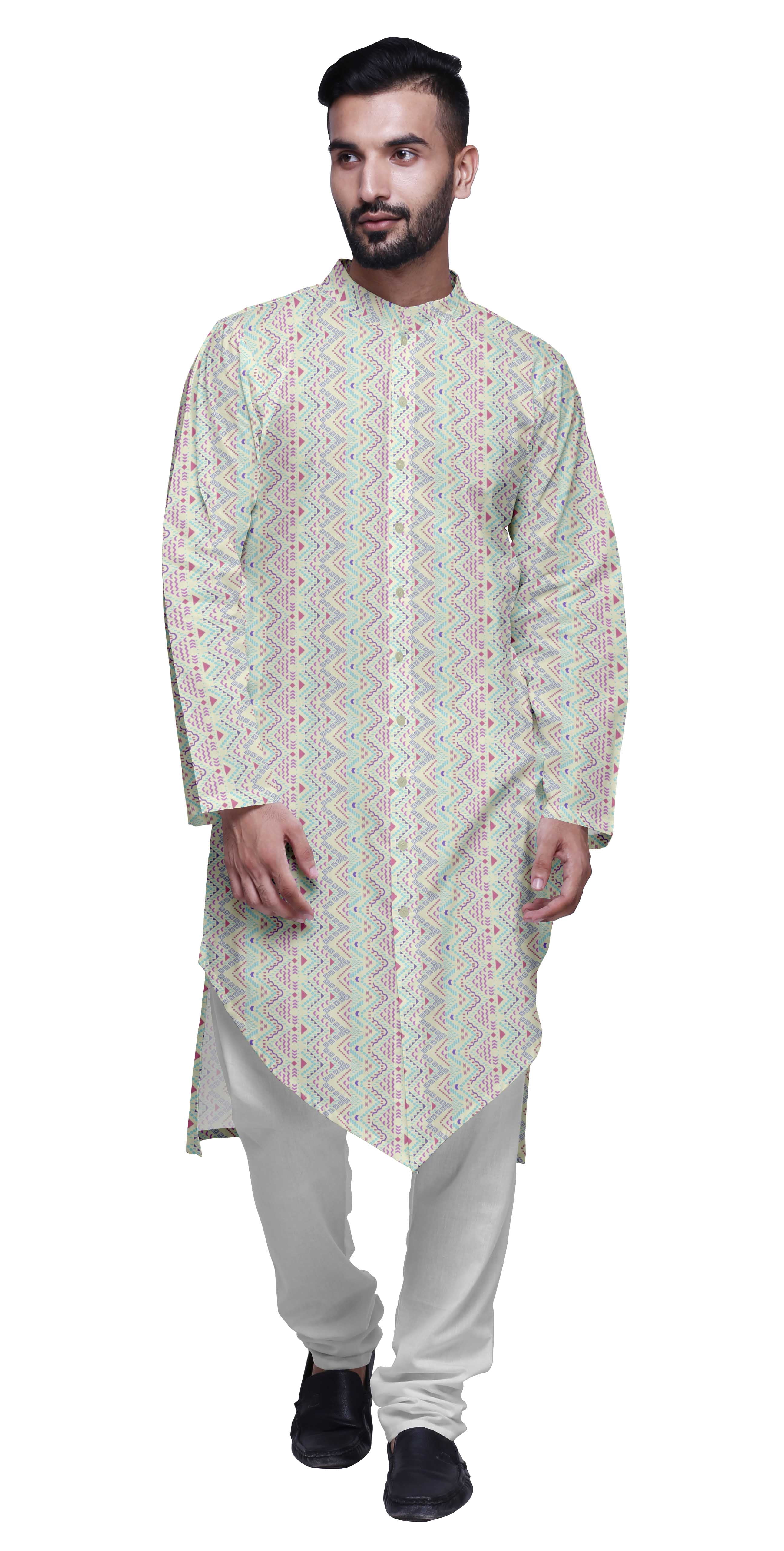 Atasi Printed Long Sleeve Kurta With Pajama Set For Men Summer Clothing
