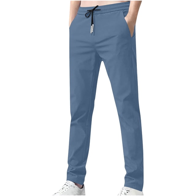 Enjoytime Men's Pants Solid Color Elastic Waist Drawstring Trousers Business Casual Plus Size Work Pants with Pockets Light Blue L