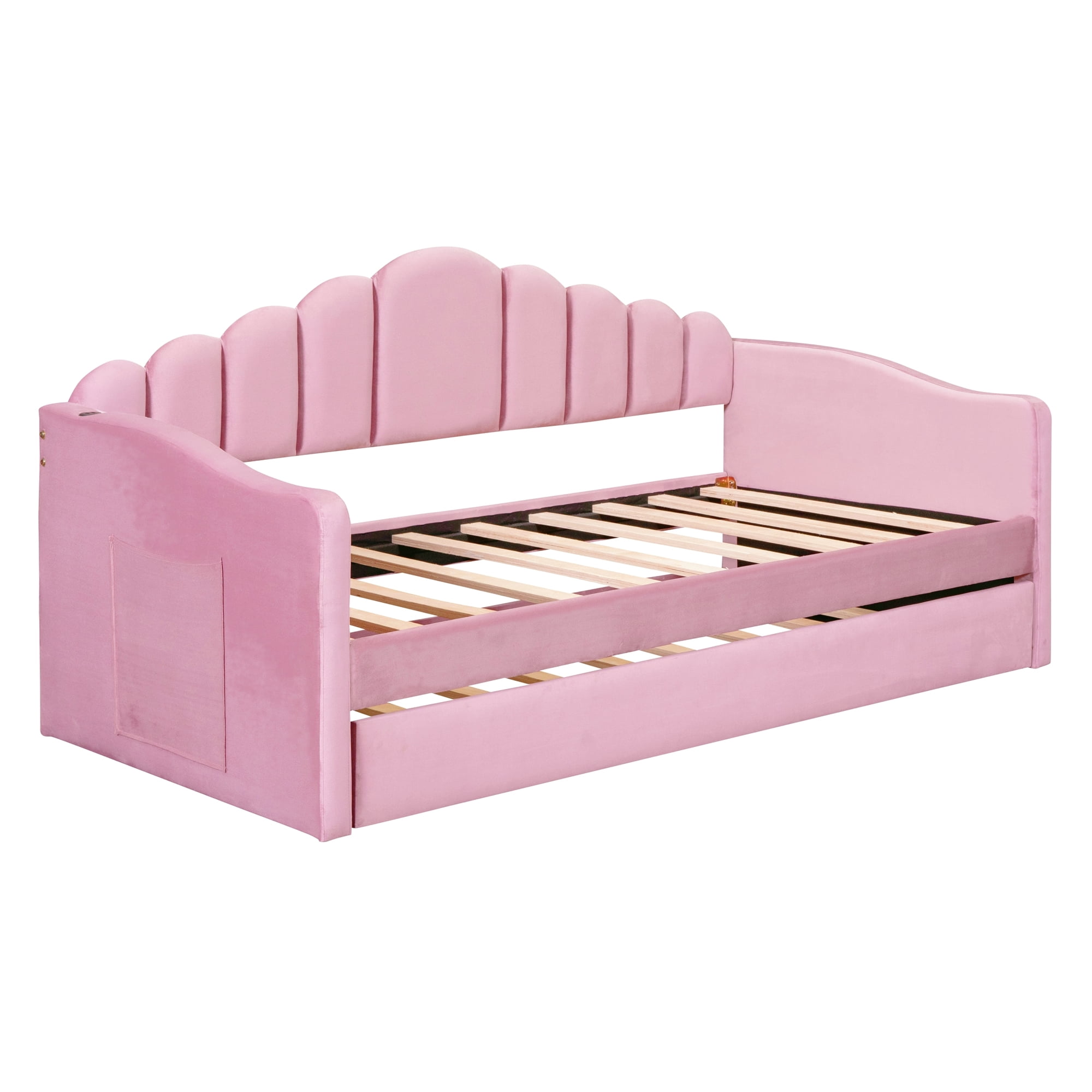 Homy Casa Lit de Jour Simple avec Lit Gigogne, Velours, Port USB, Poches de Rangement, Rose, Facile à Monter