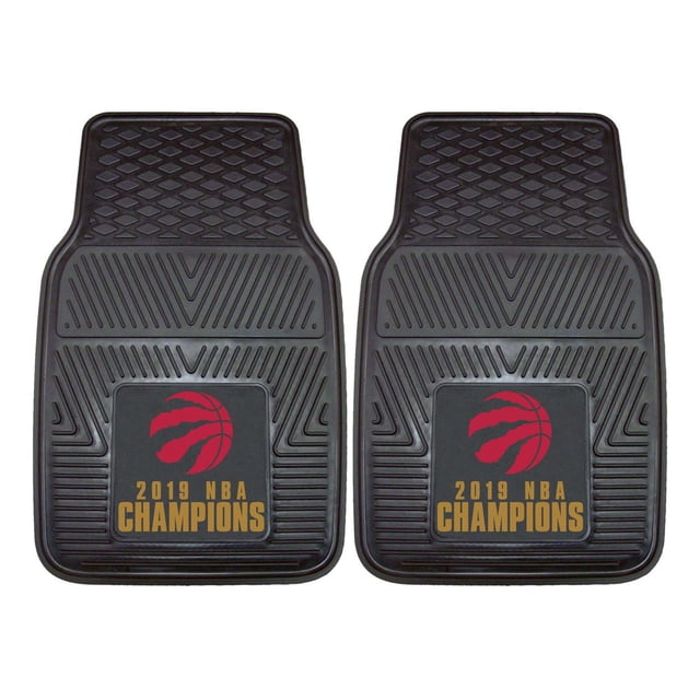 Fanmats NBA Champion Toronto Raptors Vinyl Car Mat Set of 2 with black heavy-duty vinyl construction, ribbed texture, and deep pockets to trap dirt and water, featuring a molded red Raptors claw basketball logo and gold 2019 NBA Champions text, non-skid backing for secure placement, ideal for protecting vehicle floors.