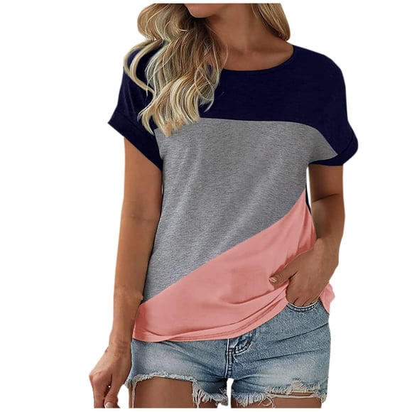 AherBiu T-Shirts pour Femmes à Col Rond à Manches Courtes Hauts Coupe Ample Confortables en Coton Extensible T-Shirts Décontractés à Blocs de Couleur