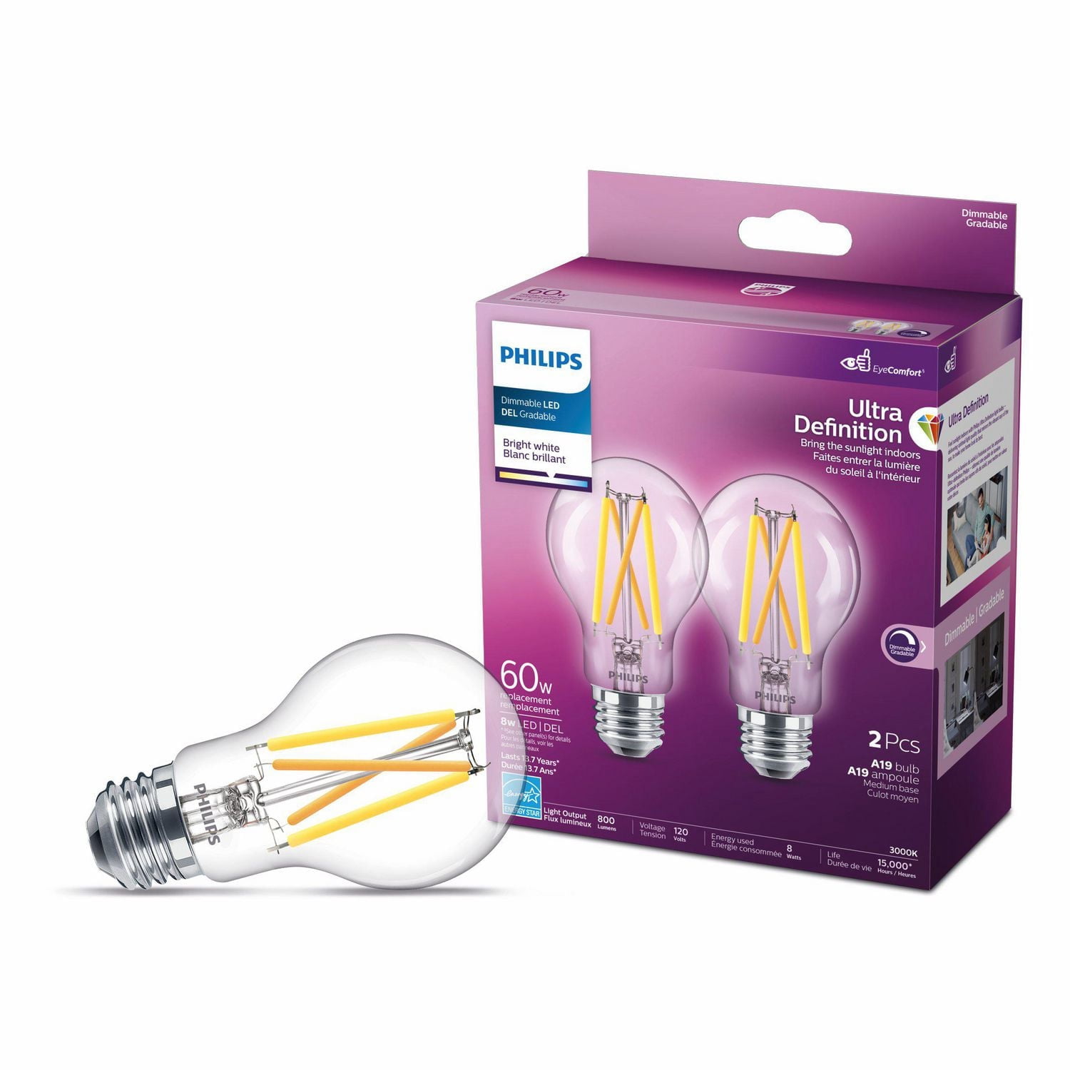 PHILIPS 8W (60W) A19 Medium Base Ultra Definition Bright White Filament Dimmable LED Light Bulbs - Clear Glass, 2 Pack