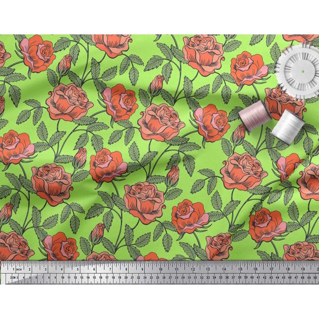 Soimoi Tissu en Velours Feuilles & Roses Imprimé Floral Tissu au Mètre 58 Pouces de Large