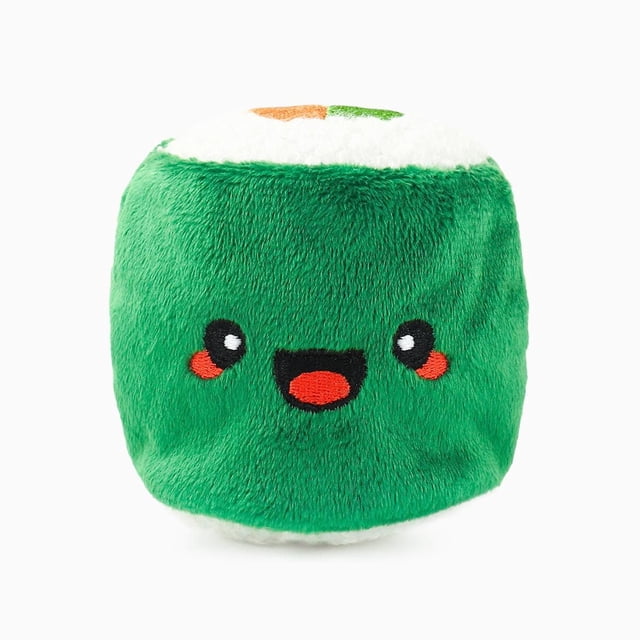 Hugsmart Sushi Plush Dog Ball Toy featuring a green plush sushi roll with embroidered happy face and soft white top with orange and green accents, designed for interactive fetch and chew play to engage energetic dogs.