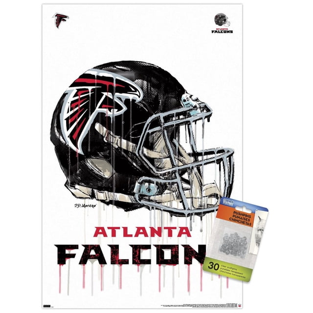 NFL Atlanta Falcons - Affiche Murale Drip Helmet 20, 22,375 Pouces x 34 Pouces Mettant en Vedette un Casque de football Noir Orienté vers l'Avant avec le logo des Atlanta Falcons en Rouge, Noir et Blanc. le Casque a un Effet de Peinture Goutte à Goutte et un Masque Facial Détaillé sur Fond Blanc avec Texte Audacieux Rouge et Noir « Atlanta Falcons » Ci-Dessous. Imprimé sur du Papier Affiche Lustré, Cette Oeuvre Murale Convient