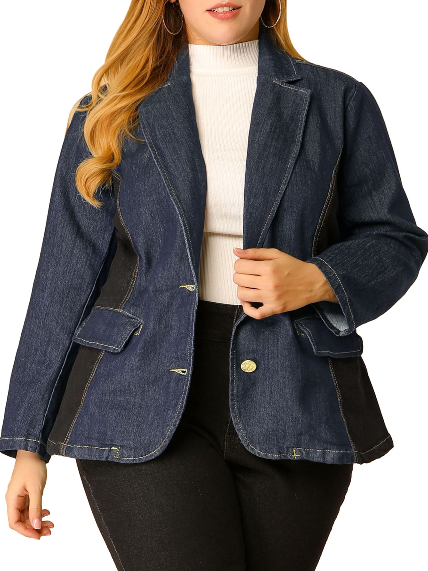 GRACE & GRANDEUR Women's Plus Size Long Sleeve Denim Bomber Jackets with Pockets