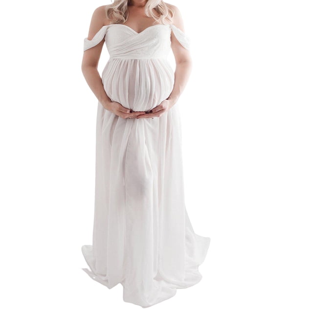 transemion Robe de Maternité pour Photographie, Épaules Dénudées, Robe Longue en Mousseline, devant, Grossesse, Longues Robes, Femmes, Accessoire de Séance Photo, Prise de Vue, Blanc m