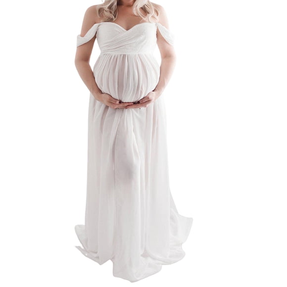 Maternity Photography Dress Off Shoulder Chiffon Gown Front Women Photoshoot Soft Maxi Pregnancy Long Dresses Women Photoshoot Prop Shoot White M