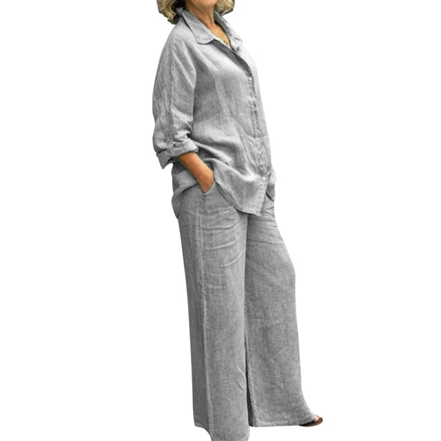 GDREDA Womens Cotton Linen Set 2 Piece Outfits Summer Button Down Shirt Wide Leg Pants Matching Sets Grey,S