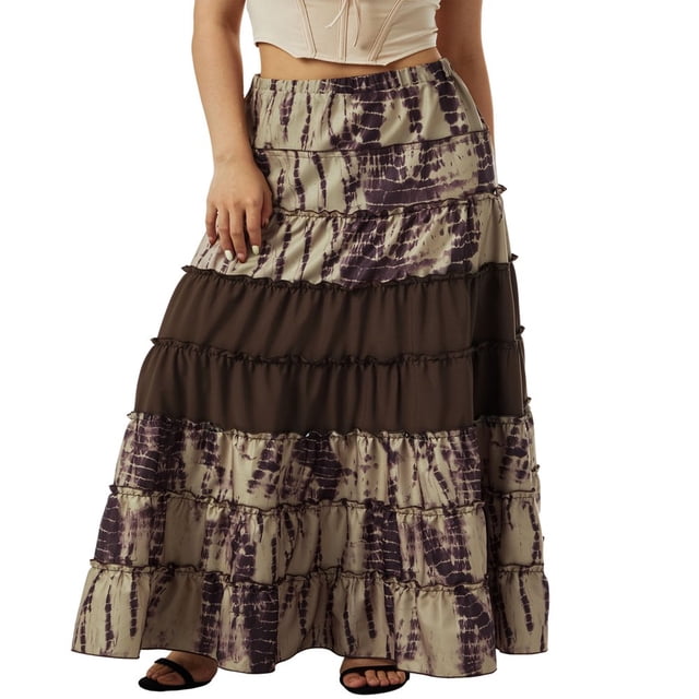 Women Retro Style Skirt Elastic Waist Tie-dyed Print Ruffled Long Skirt