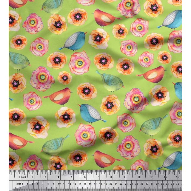 Soimoi Rayon Fabric Bird & Anemone Floral Print Fabric by Yard 42 Inch Wide