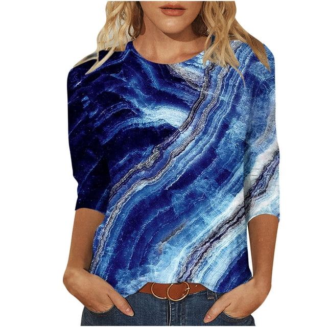 FAIWAD Femmes Bloc de Couleur 3/4 Chemises Col Rond Blouses Décontractées Élégantes Grande Taille Tunique de Sortie