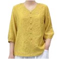 thumbnail image 1 of Pisexur Haut à Manches Courtes à Col Rond Brodé Rétro à la Mode pour Femmes, Hauts pour Femmes, Blouses Habillées Décontractées, Hauts pour Femmes Jaune, G, 1 of 3