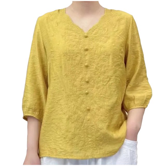 Pisexur Haut à Manches Courtes à Col Rond Brodé Rétro à la Mode pour Femmes, Hauts pour Femmes, Blouses Habillées Décontractées, Hauts pour Femmes Jaune, G