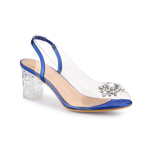 BLISSFUL STEP Women's Shoes Clear Slingback Rhinestone Peep Toe Block Heel Sandals Blue 9