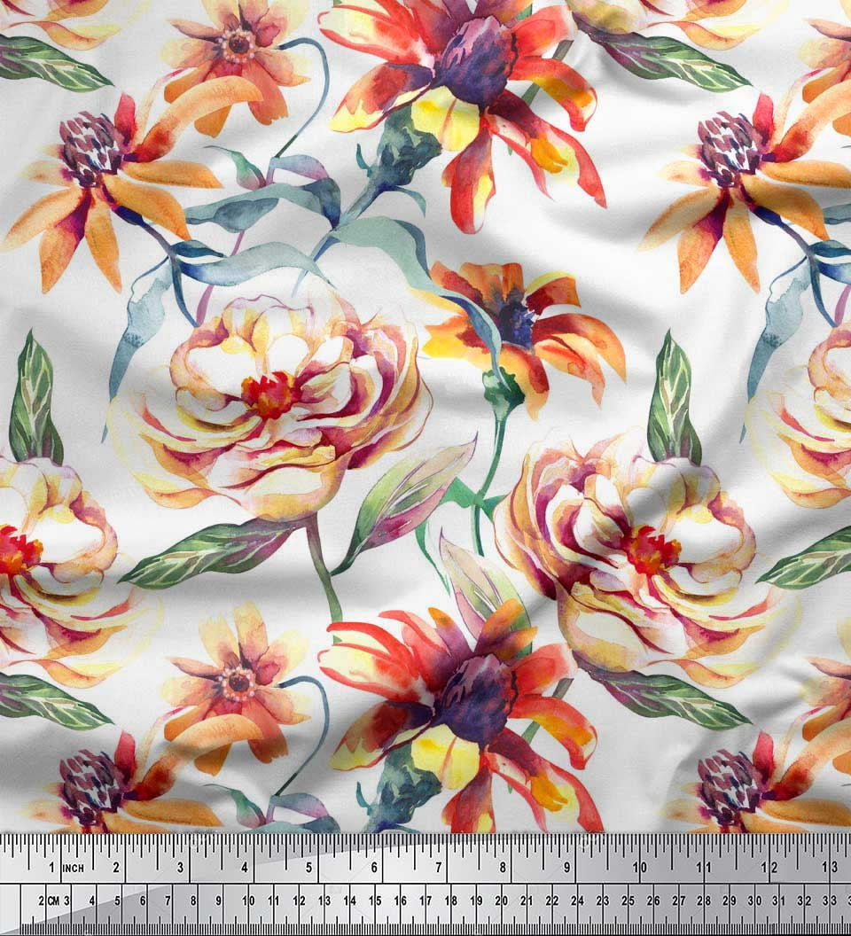 Soimoi Orange Rayon Fabric Leaves & Floral Print Sewing Fabric BTY 42 Inch Wide