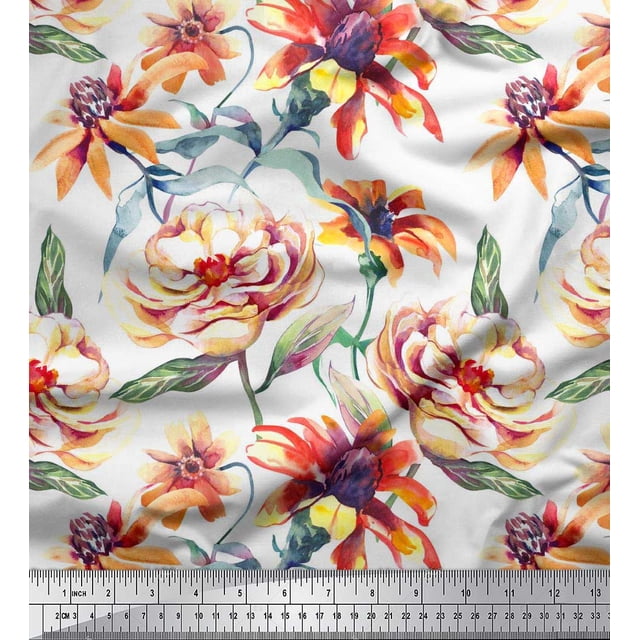 Soimoi Orange Poly Georgette Fabric Leaves & Floral Decor Fabric Printed BTY 42 Inch Wide