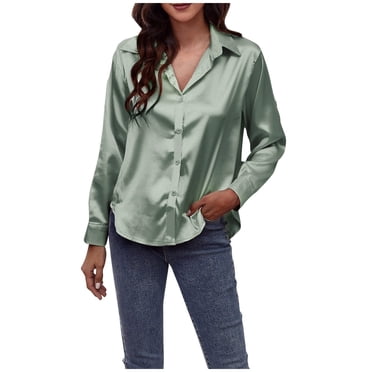 Women Satin Long Sleeve Button Down Shirt Casual Office Work Blouse Tops Going Out Holiday T-Shirt