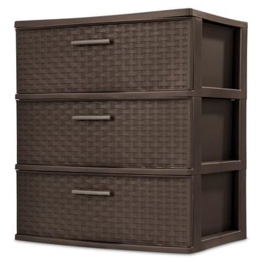 Sterilite 3 Drawer Wide Storage Tower, Plastic Weave Home Organizer, Espresso